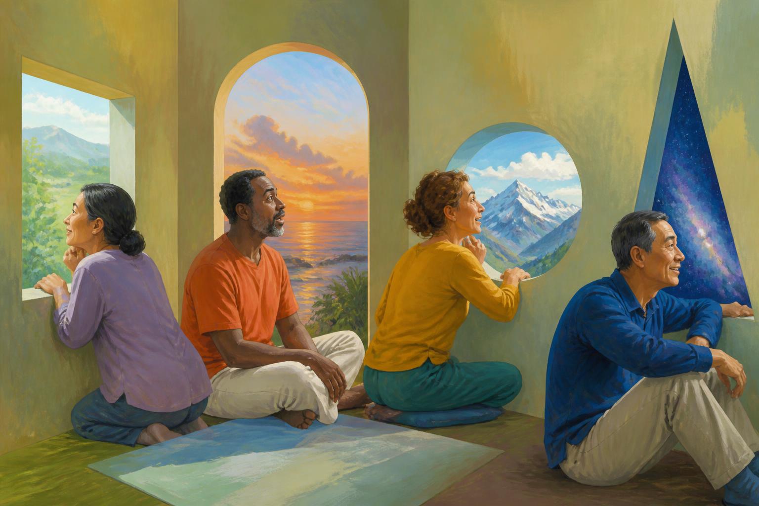 Four people in one warm room look through different openings onto changing landscapes.