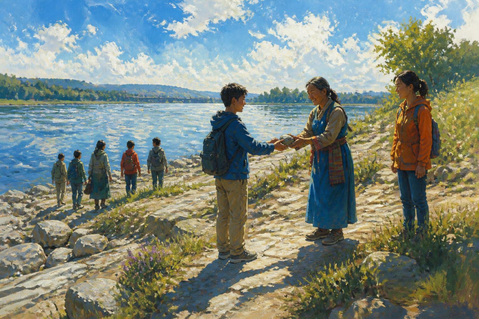 Several people begin separate dawn paths from one warm hall, each held by a different kind of support.