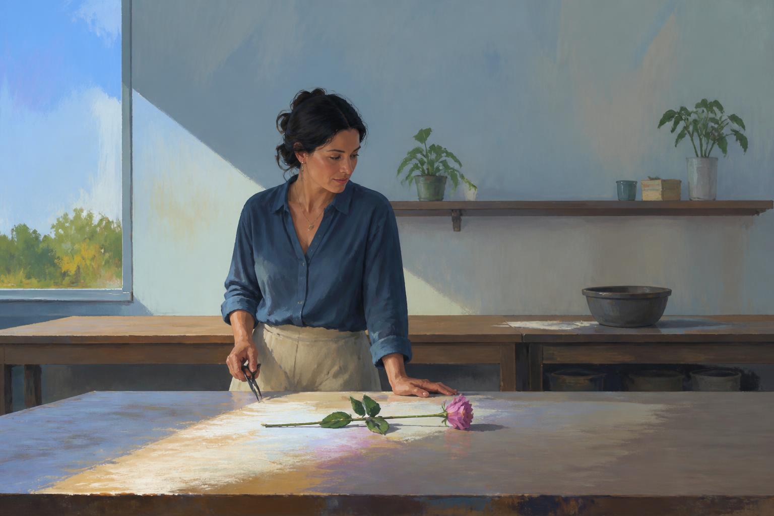 A woman loosens one knot at a table while other burdens remain untouched in warm window light.