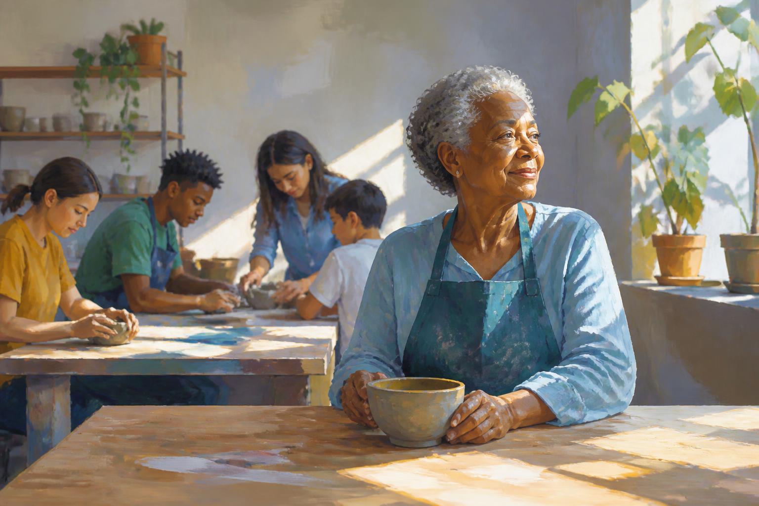 A small group holds a quiet room together while one person releases a covered bowl on the table.