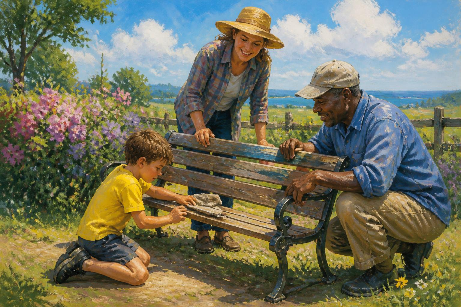 A child and an elder clear a fallen branch from a sunlit public path while neighbors gently make room around them.