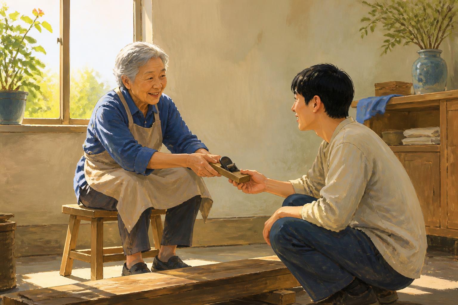 Two people at a lamplit table, one listening as layered light gathers between them.