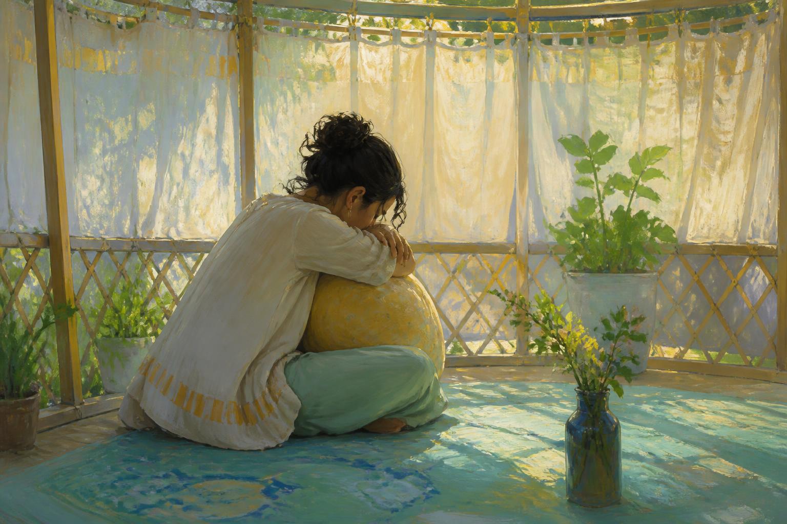 A seated person at a dawn threshold is quietly held by lamplight and waiting figures.