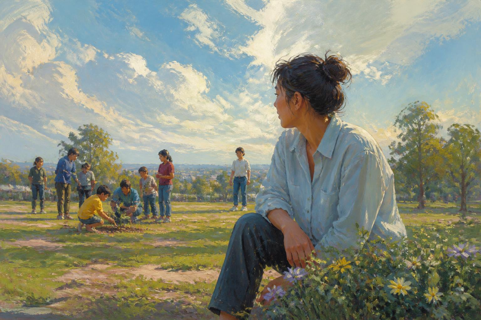 Painterly scene for Set the hour down before you ask whether it counted.
