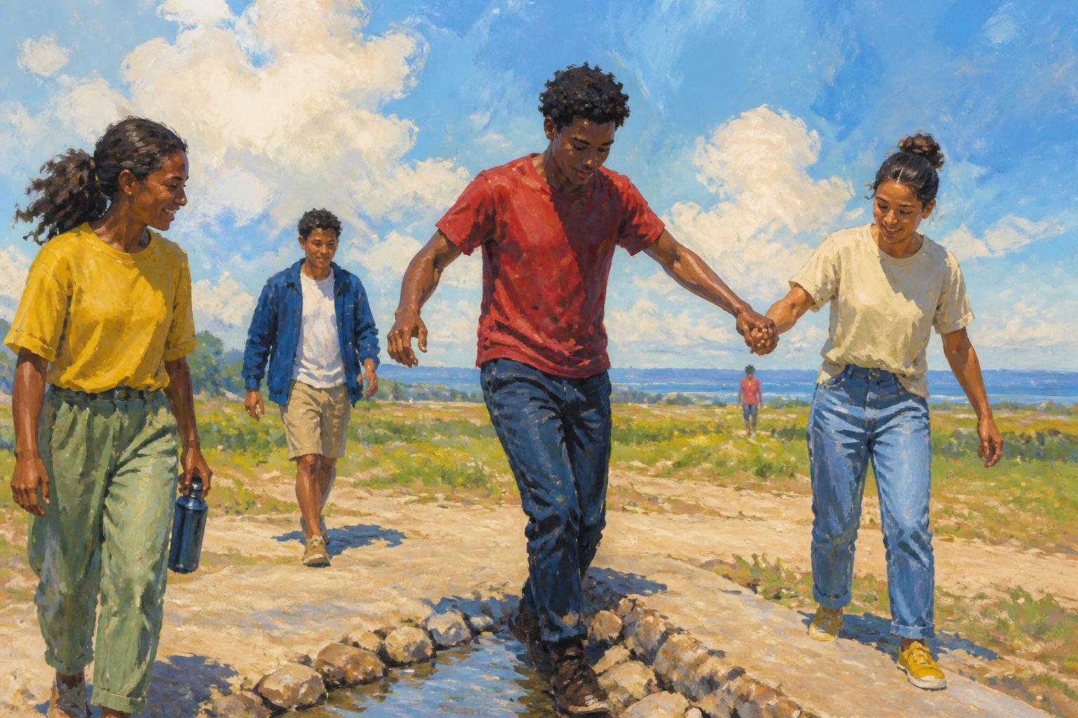 Painterly scene for A guide you can only name after things go well or badly was never guiding you.