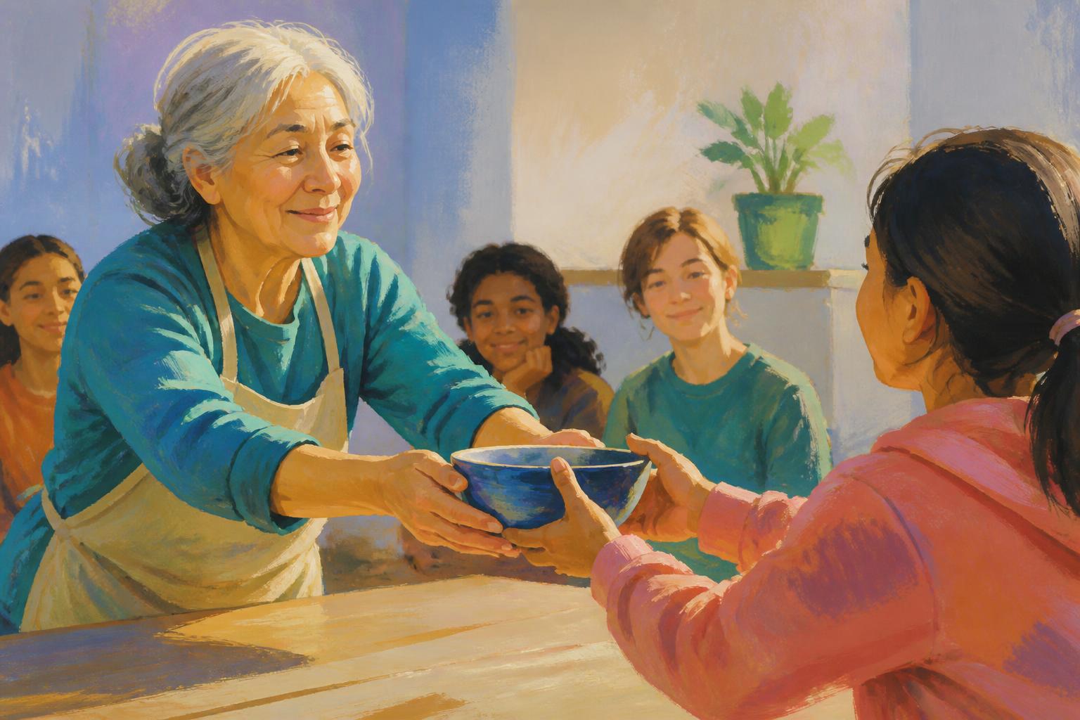 Painterly scene for Let love answer to the simplest help that can still serve.