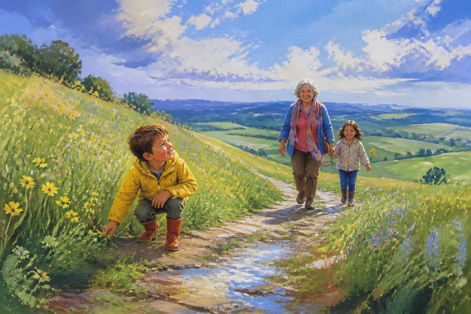 Painterly scene for Before you rest, leave one small way back.